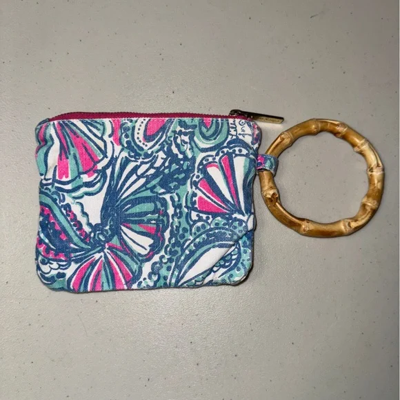 LILLY PULITZER Purse Wallet Wristlet Bag Bamboo Handle Clutch Make-up Canvas Min - Picture 1 of 10